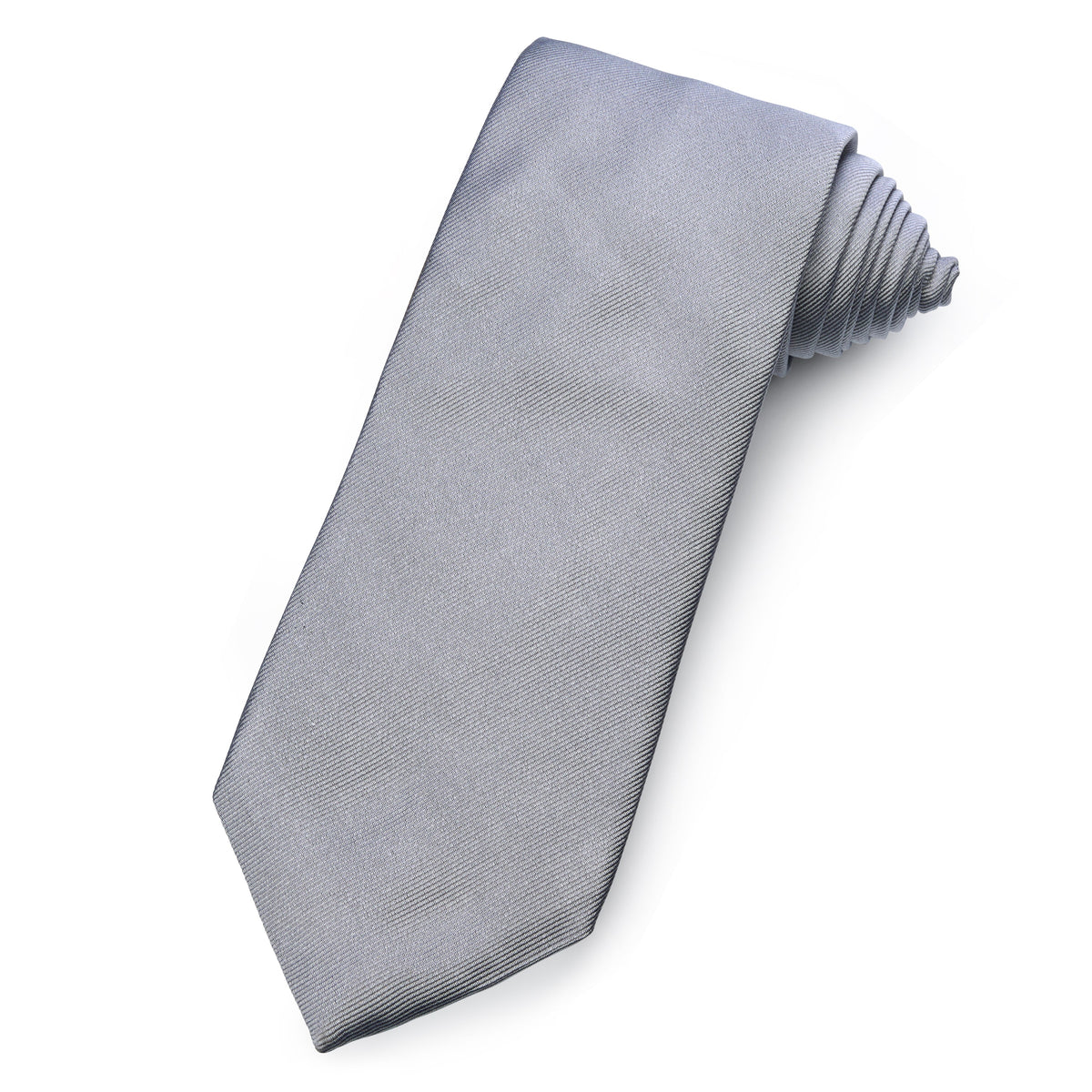 A pewter silver silk reppe tie with a smooth texture and subtle sheen by Benson & Clegg.