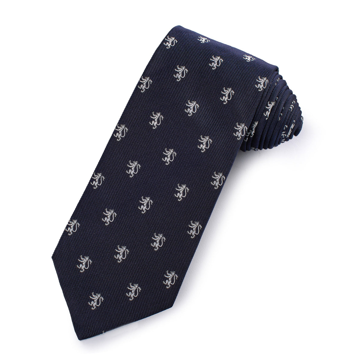 A navy silk tie with a bold lion pattern, displayed horizontally against a white background, by Benson & Clegg.