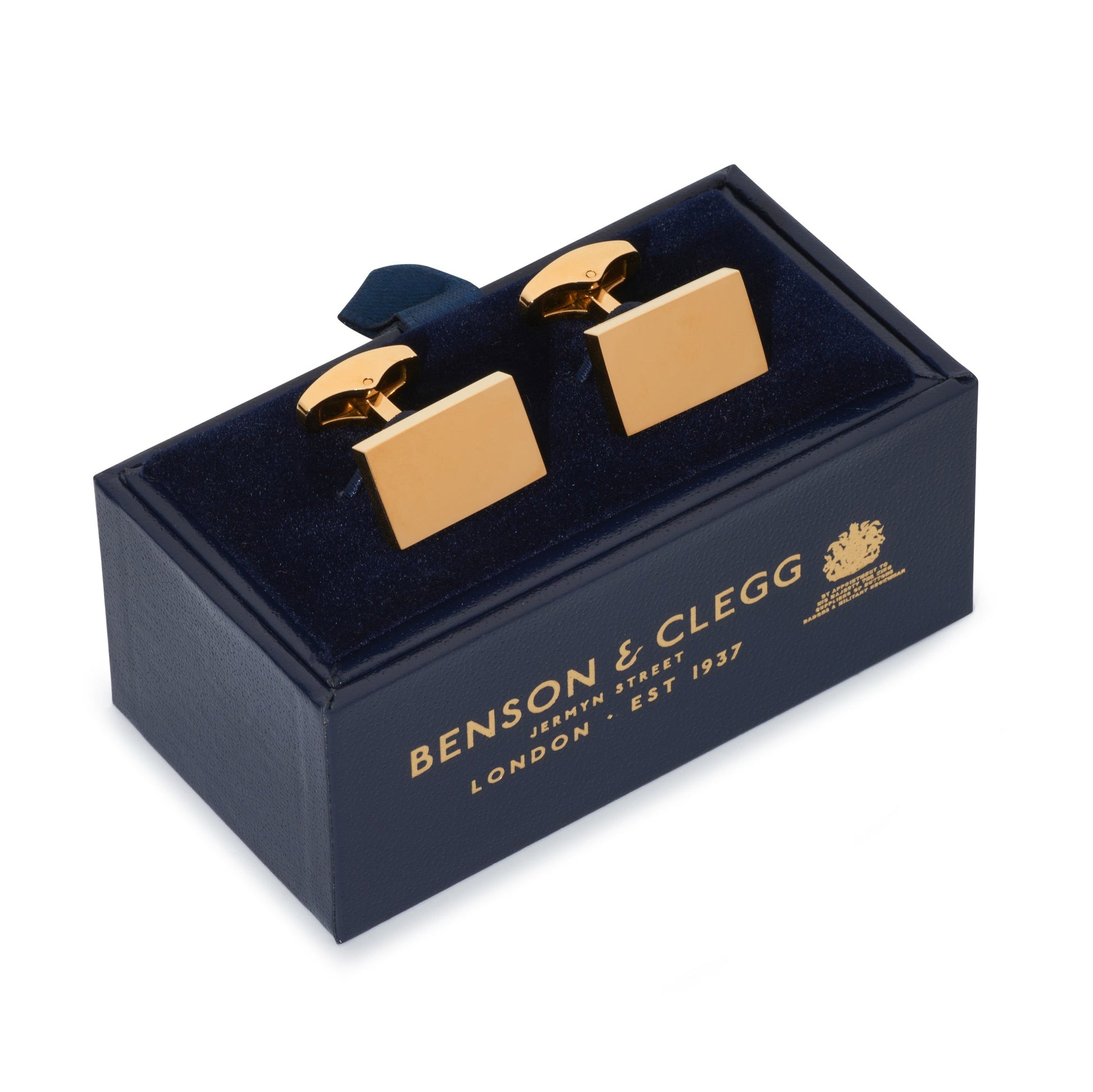Gold rectangular cufflinks with polished finish by Benson & Clegg