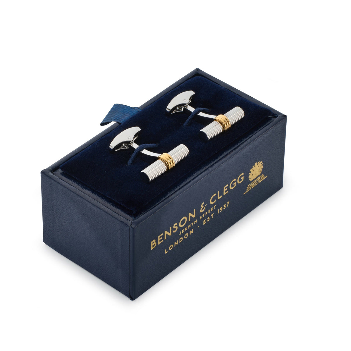 Black bar cufflinks with polished silver finish by Benson & Clegg