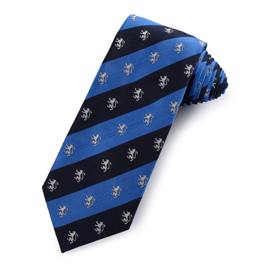 A silk tie featuring a regent lion pattern in sky blue and navy, displayed horizontally against a neutral background by Benso