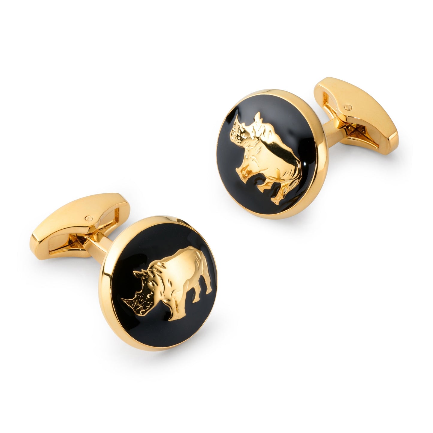 Black rhino cufflinks with detailed engraving, shown in a close-up shot, by Benson & Clegg.