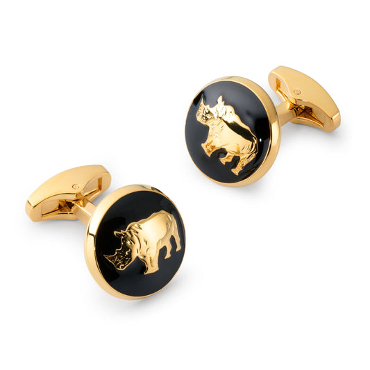 Black rhino cufflinks with detailed engraving, shown in a close-up shot, by Benson & Clegg.