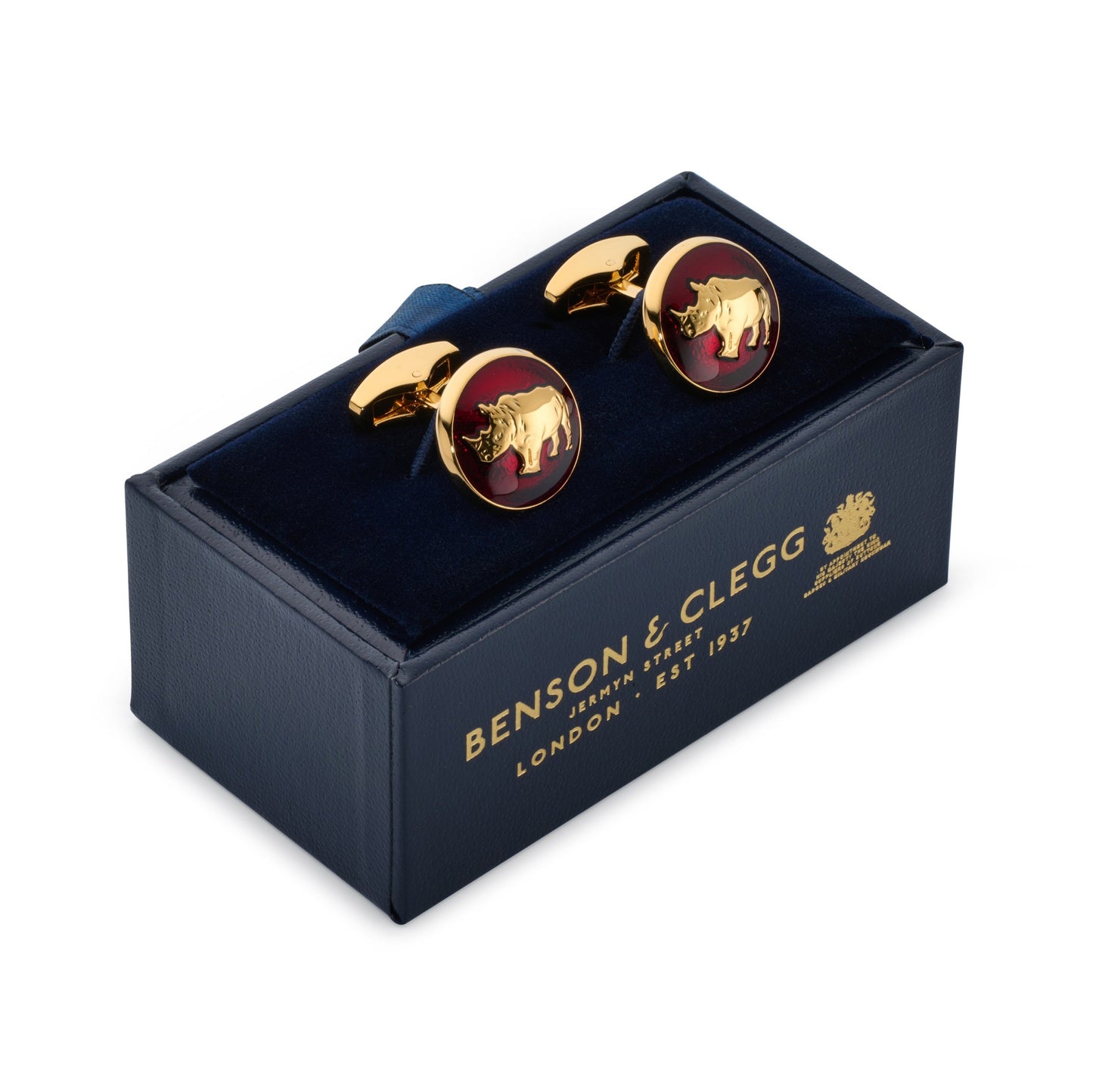 Red rhino-shaped cufflinks with polished silver accents, displayed on a black background.