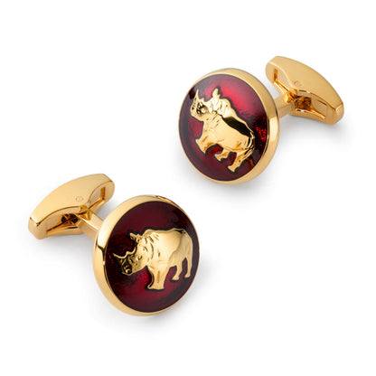 Red rhino-shaped cufflinks with polished silver detailing by Benson & Clegg.