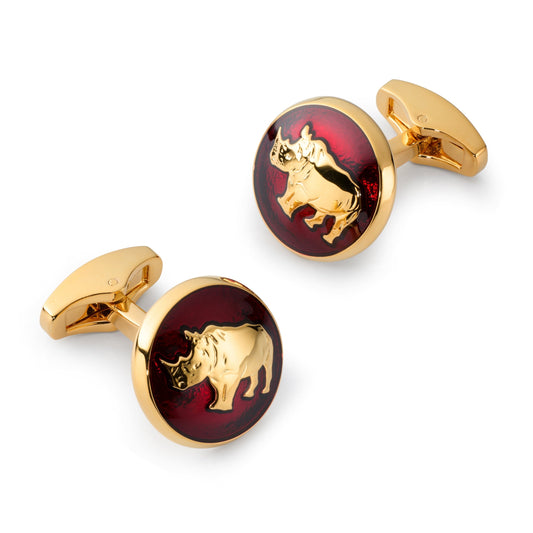 Red rhino-shaped cufflinks with polished silver detailing by Benson & Clegg.
