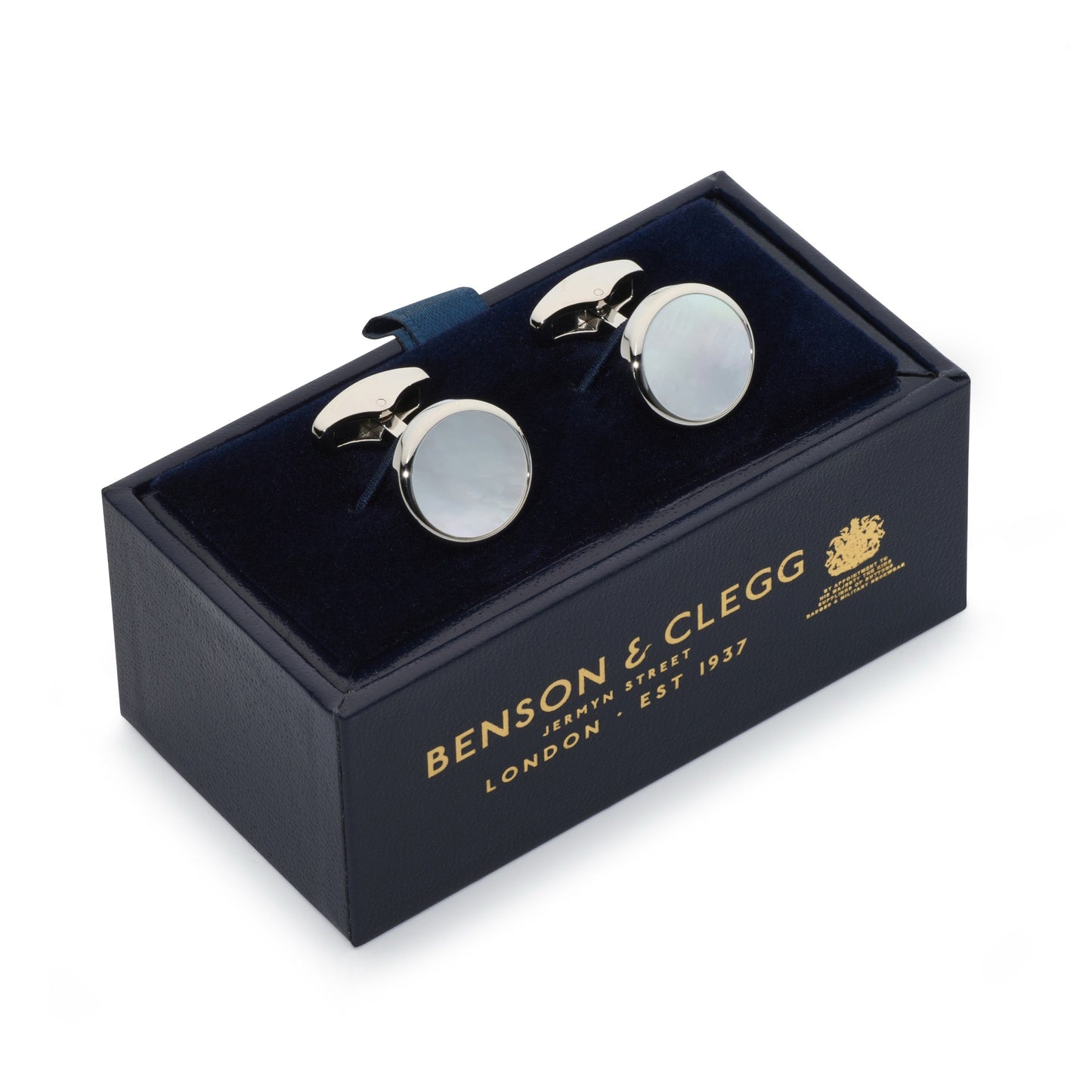 Mother Of Pearl Round Cufflinks In Silver Benson & Clegg