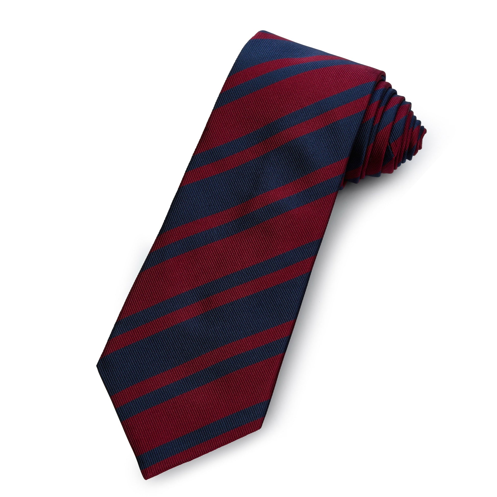 A three-fold silk reppe tie in deep navy blue with a subtle sheen, displayed flat on a white background, by Benson & Clegg.