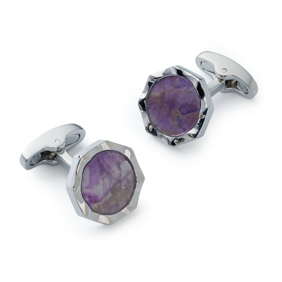 Amethyst signet cufflinks with polished silver detailing by Benson & Clegg.