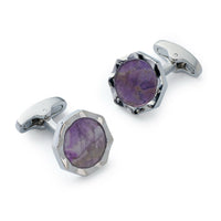 Amethyst signet cufflinks with polished silver detailing by Benson & Clegg.