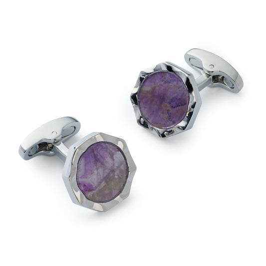 Amethyst signet cufflinks with polished silver detailing by Benson & Clegg.