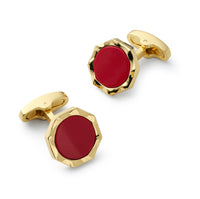 Red jasper signet cufflinks with a polished gold finish, displayed on a dark background by Benson & Clegg.