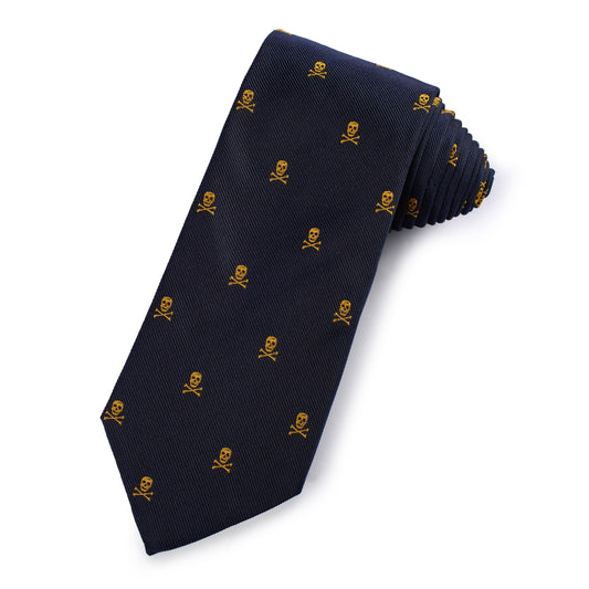 Gold and navy skull and crossbones silk tie with intricate detailing by Benson & Clegg