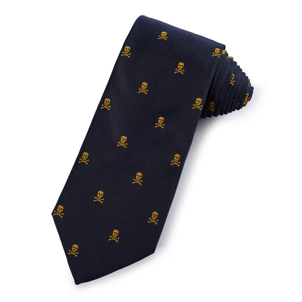 Gold and navy skull and crossbones silk tie with intricate detailing by Benson & Clegg