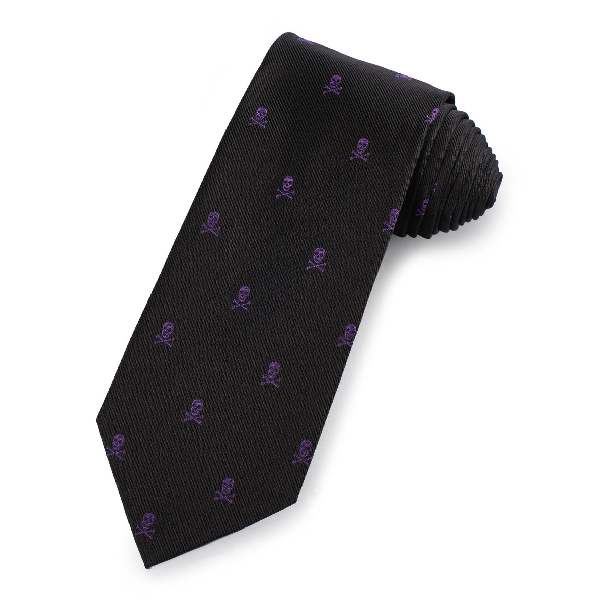 A purple and black skull and crossbones silk tie with a glossy finish by Benson & Clegg.