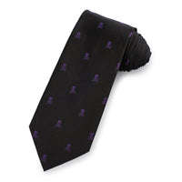 A purple and black skull and crossbones silk tie with a glossy finish by Benson & Clegg.