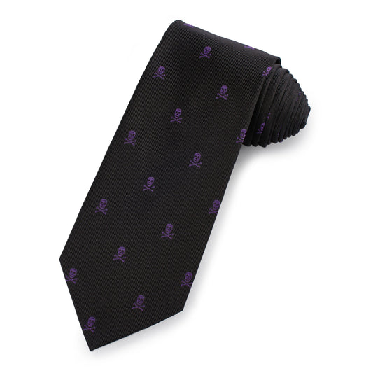 A purple and black skull and crossbones silk tie with a glossy finish by Benson & Clegg.