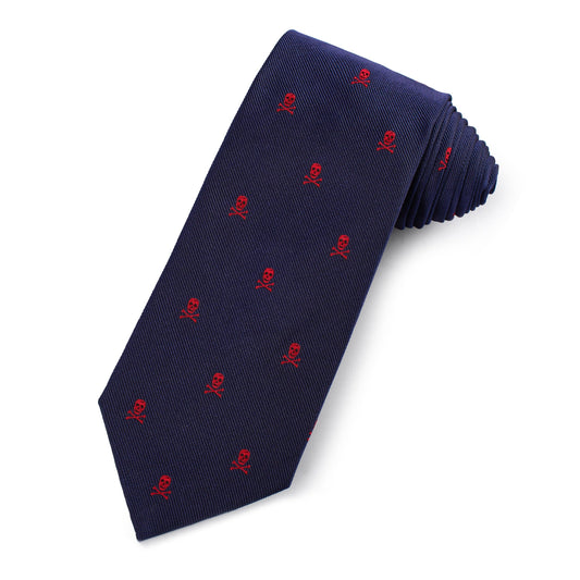 Skull & Crossbones Silk Tie In Red & Navy Benson & Clegg