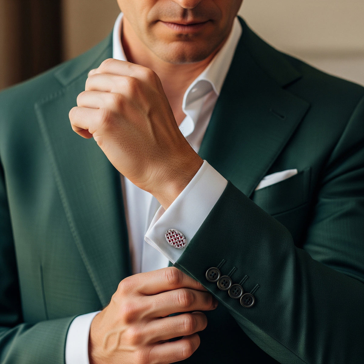 Crossweave Sterling Silver Cufflinks In Red Benson & Clegg