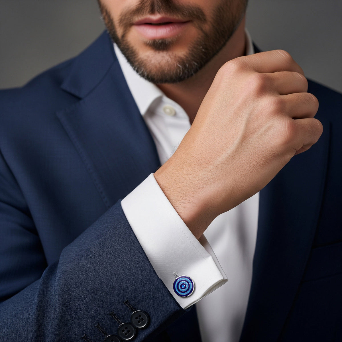 Guilloche Roundel Sterling Silver Cufflinks In Navy & Sky Benson & Clegg