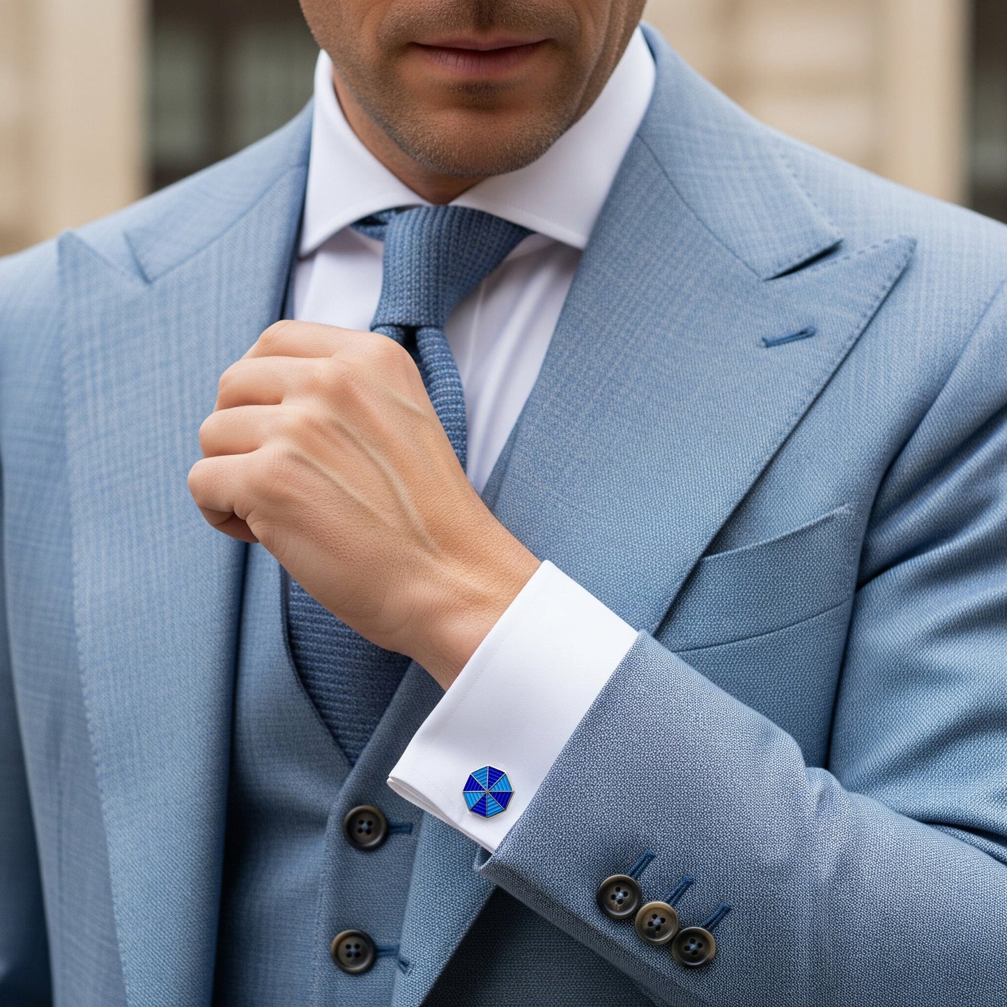 Octagonal sterling silver cloisonne cufflinks with blue enamel detailing by Benson & Clegg