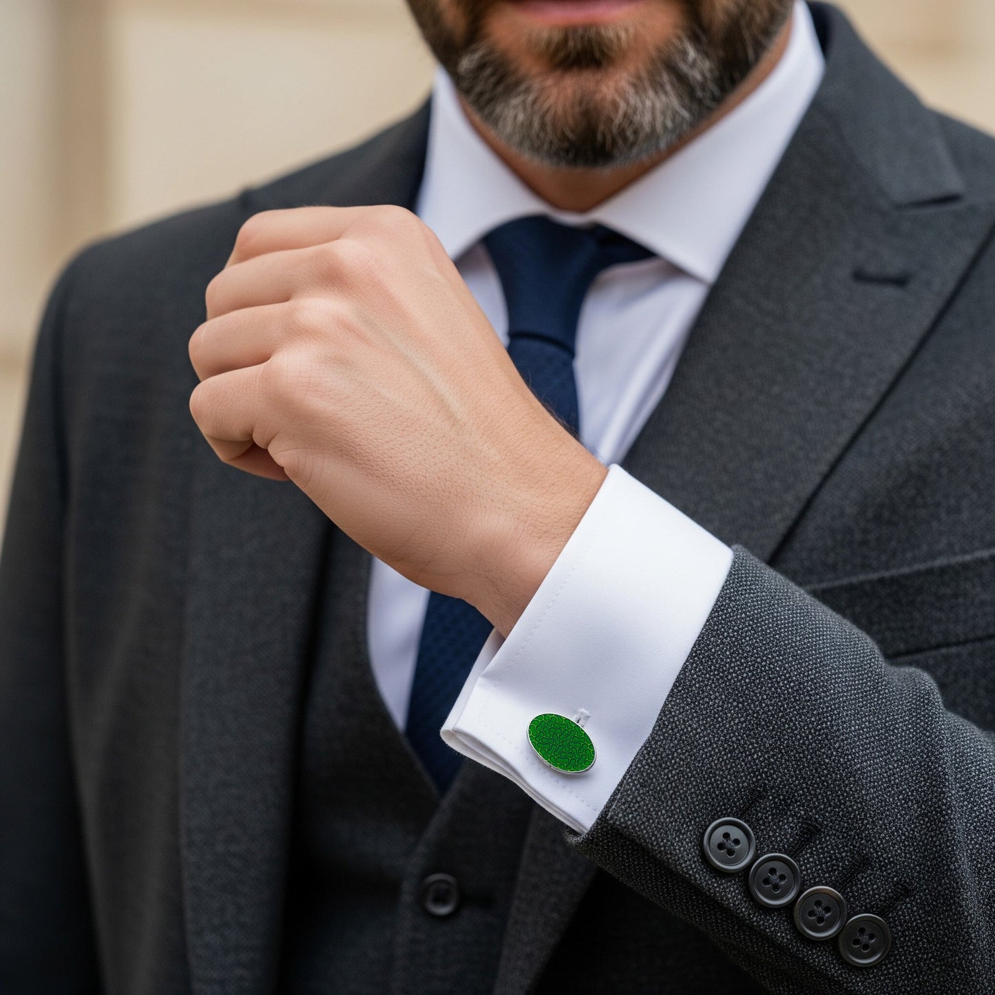 Peanut-shaped green cloisonne cufflinks in sterling silver by Benson & Clegg