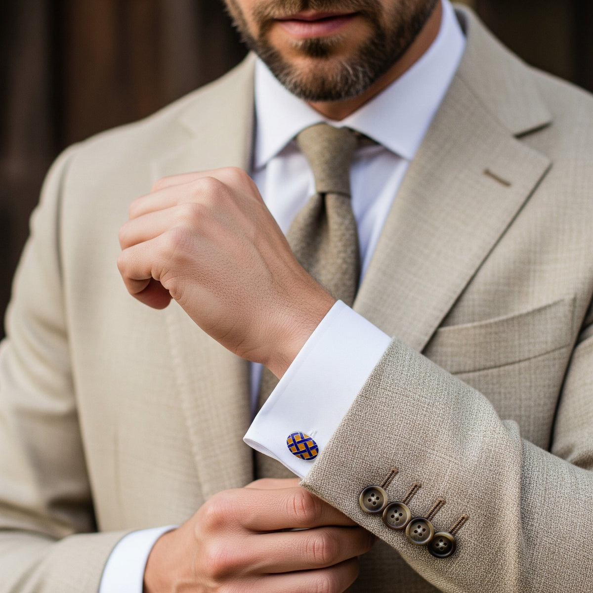 Yellow sterling silver Weave cufflinks with a textured design by Benson & Clegg
