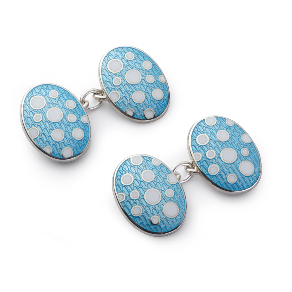 Sky blue cloisonne cufflinks with silver detailing by Benson & Clegg