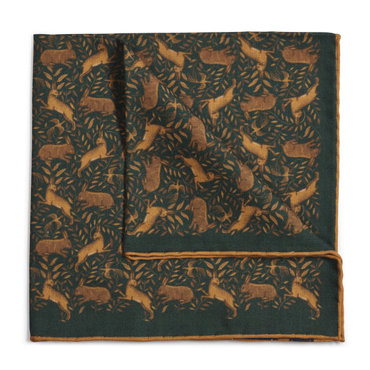 Countryside Hare (Wool & Silk Mix) Pocket Square In Green Benson & Clegg