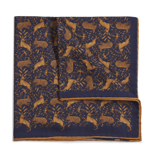 Countryside Hare (Wool & Silk Mix) Pocket Square In Navy Benson & Clegg