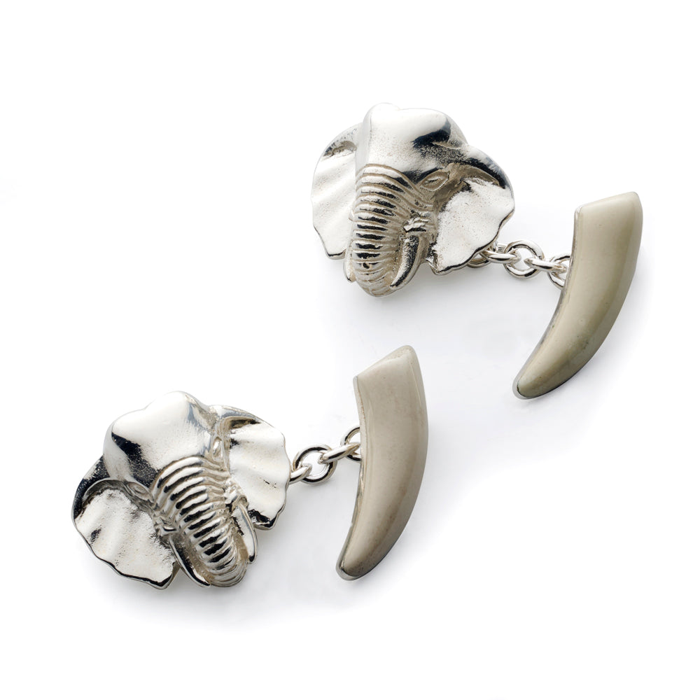Sterling silver elephant head and tusk cufflinks with detailed engraving by Benson & Clegg.