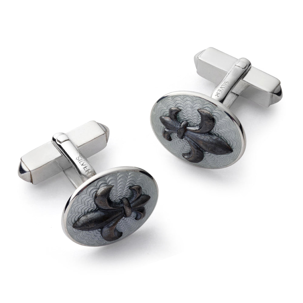 Fleur De Lys Sterling Silver Cloisonne Cufflinks In Grey Benson & Clegg