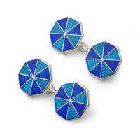 Octagonal sterling silver cloisonne cufflinks with blue enamel design by Benson & Clegg.