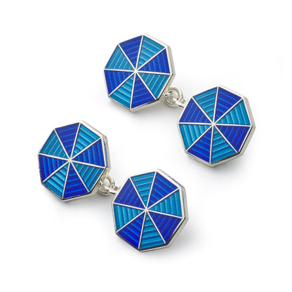 Octagonal sterling silver cloisonne cufflinks with blue enamel design by Benson & Clegg.