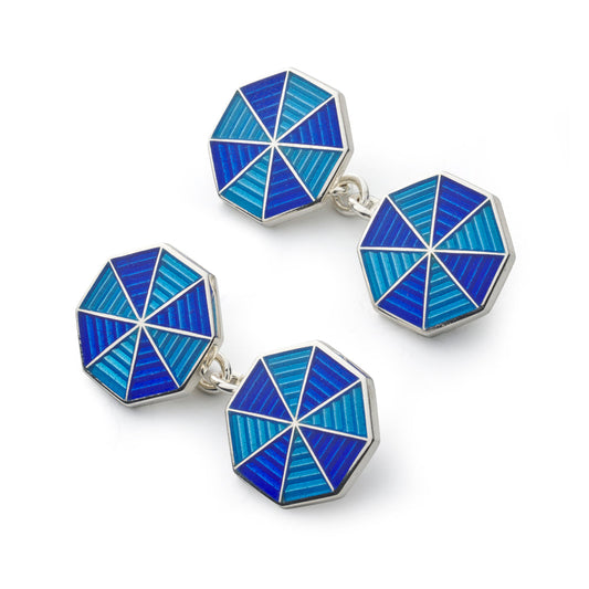 Octagonal sterling silver cloisonne cufflinks with blue enamel design by Benson & Clegg.