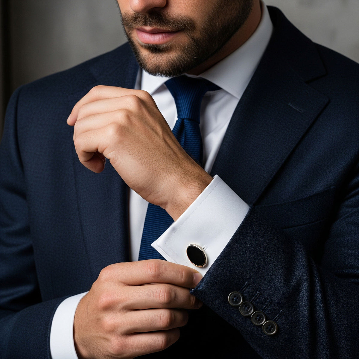 Silver onyx oval cufflinks with polished silver settings by Benson & Clegg.