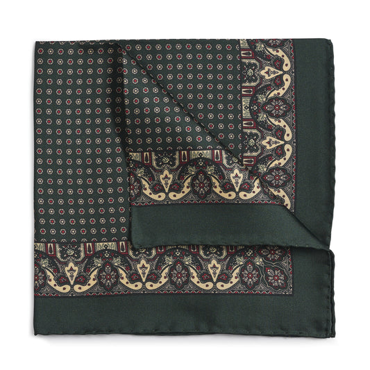 Ornate Paisley Silk Pocket Square In Green