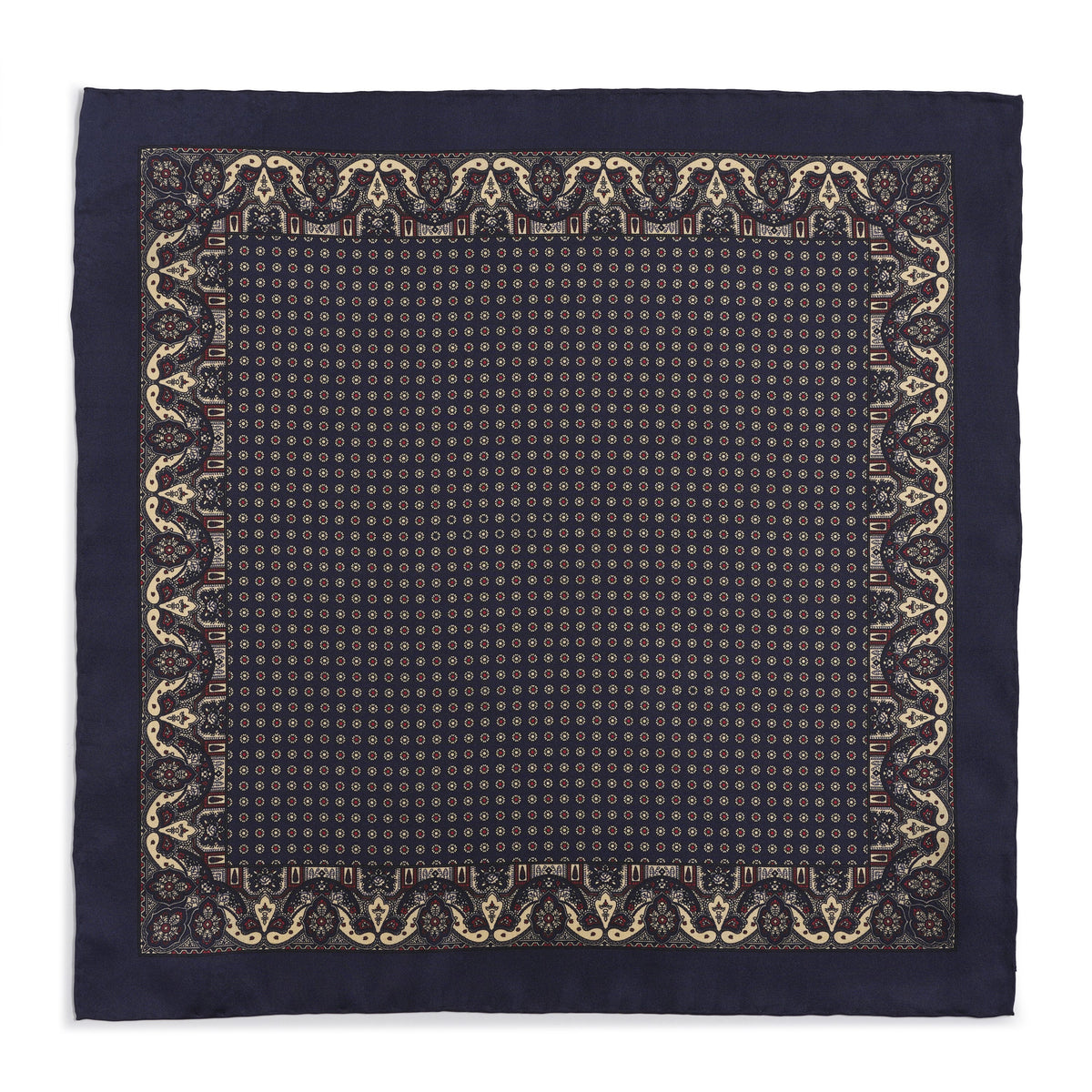 Navy silk pocket square with intricate paisley pattern, detailed embroidery, and elegant border.