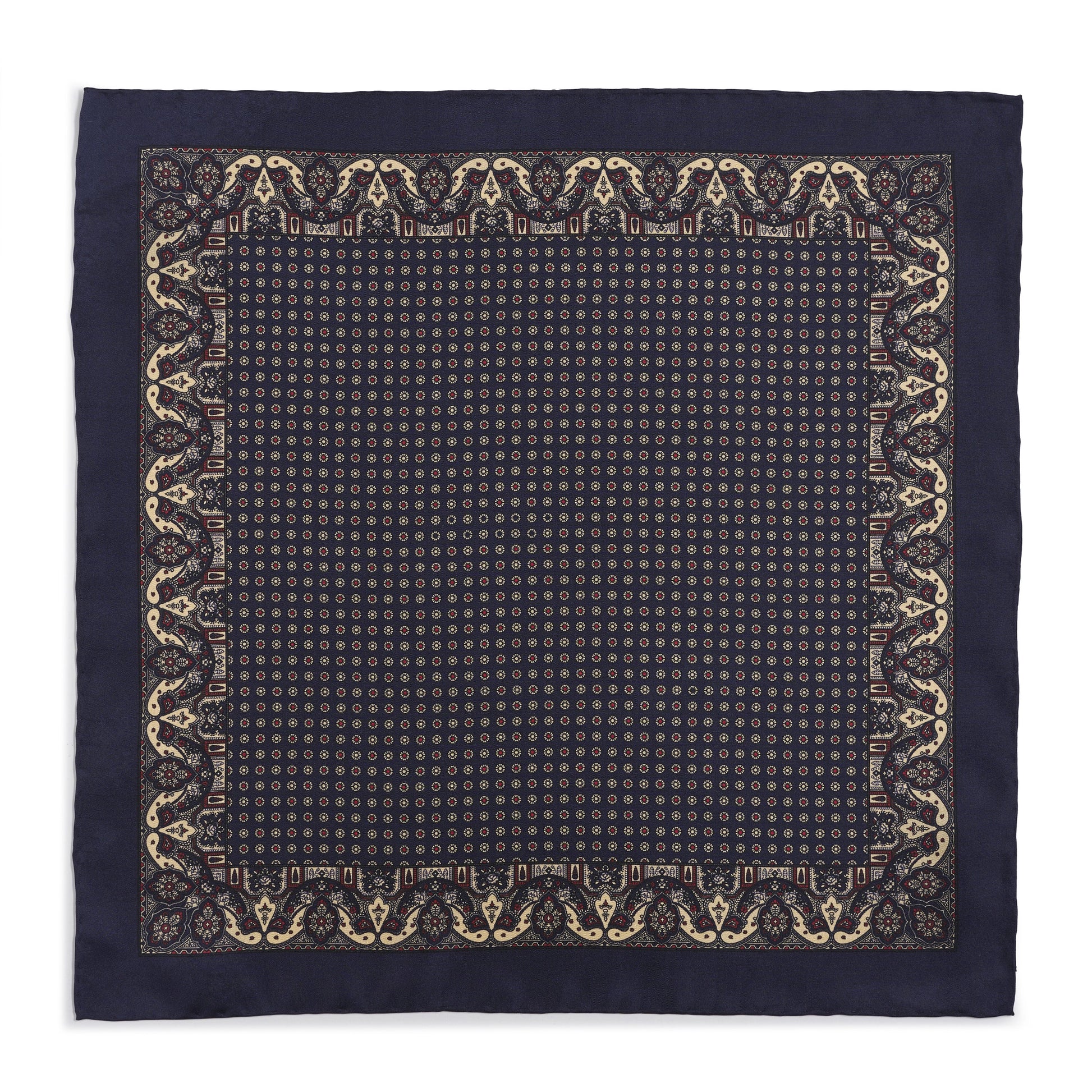 Navy silk pocket square with intricate paisley pattern, detailed embroidery, and elegant border.