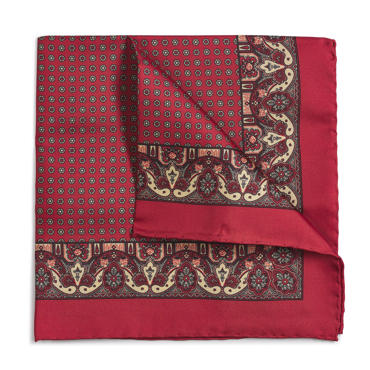 Red ornate paisley silk pocket square with intricate pattern and delicate detailing by Benson & Clegg