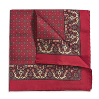 Red ornate paisley silk pocket square with intricate pattern and delicate detailing by Benson & Clegg