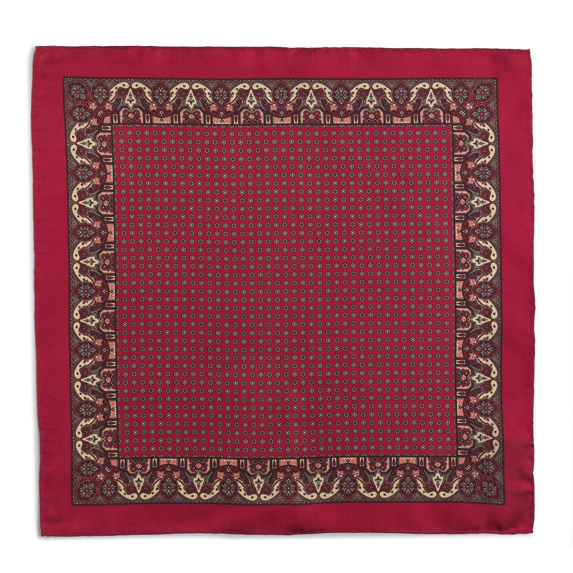 Red ornate paisley silk pocket square with intricate detailing by Benson & Clegg