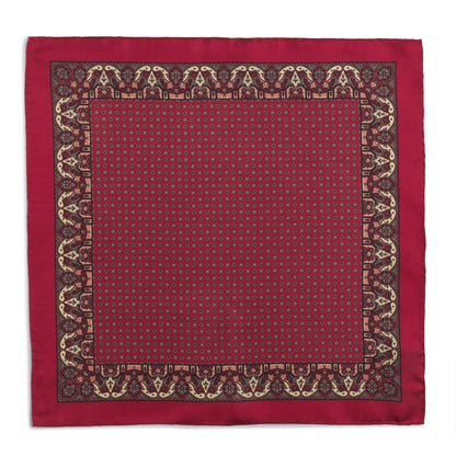 Red ornate paisley silk pocket square with intricate detailing by Benson & Clegg