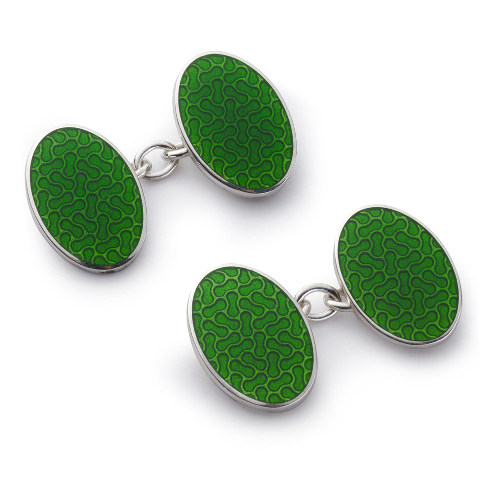 Peanut-shaped green cloisonne cufflinks in sterling silver by Benson & Clegg