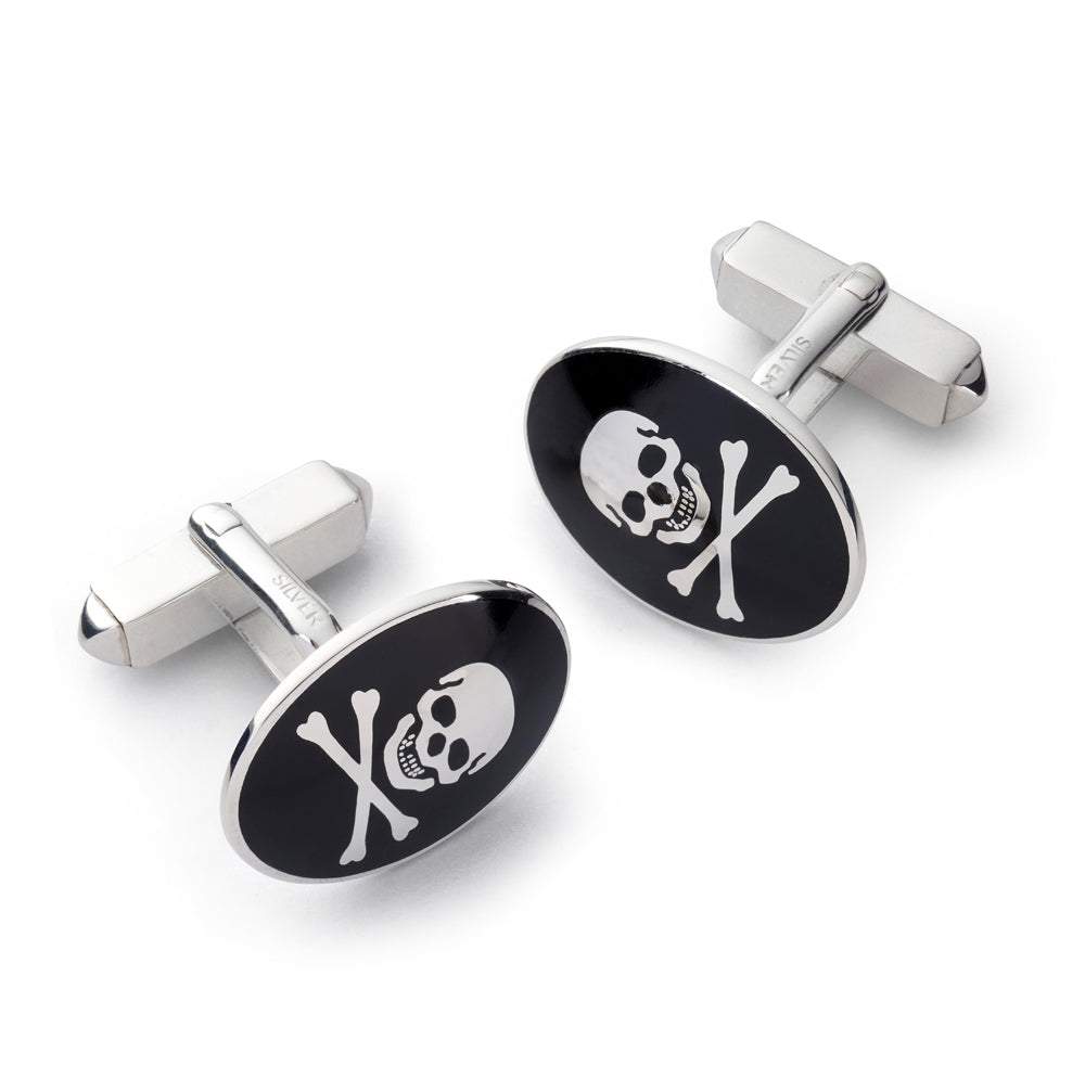 Skull And Crossbones Sterling Silver Cufflinks In Black Benson & Clegg