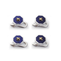Sterling silver and lapis lazuli dress studs with 9ct gold stitching, elegant jewelry by Benson & Clegg.