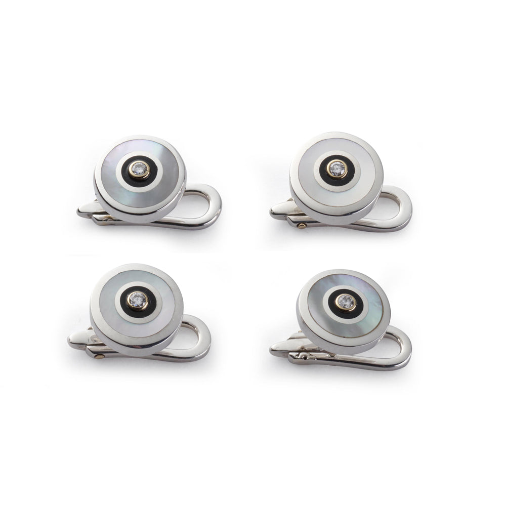 Sterling silver and mother of pearl dress studs with diamond accents, elegant jewelry by Benson & Clegg.