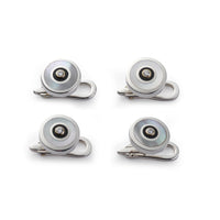 Sterling silver and mother of pearl dress studs with diamond accents, elegant jewelry by Benson & Clegg.