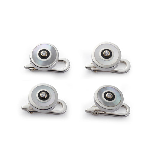 Sterling silver and mother of pearl dress studs with diamond accents, elegant jewelry by Benson & Clegg.