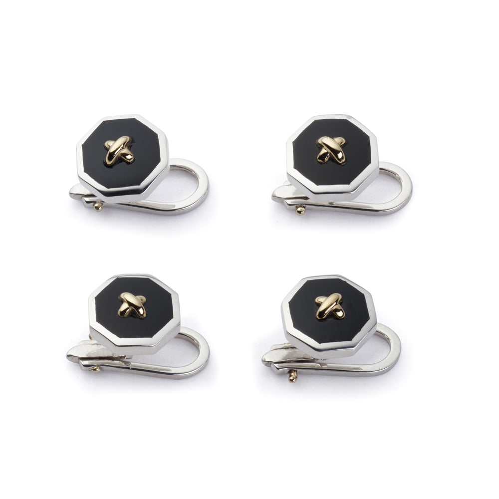 Sterling silver and onyx dress studs with 9ct gold stitch detail by Benson & Clegg.